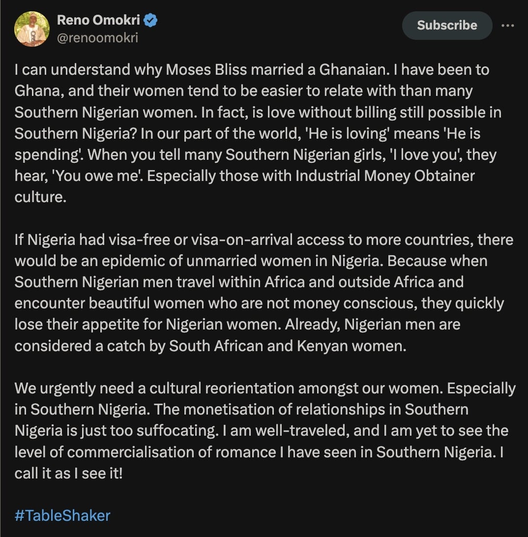 Why Moses Bliss married from Ghana and not Nigeria - Reno Omokri 